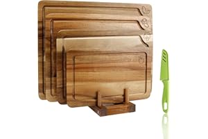 TJ POP Set di 4 Taglieri in Legno con Simboli Alimentari, Supporto e Coltello da Frutta in Omaggio, Tagliere Doppio Lato per Carne, Verdure, Frutta e Formaggio