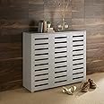 Home Source 3 Door Wooden Shoe Storage Cabinet Rack Stand Slatted Cupboard, Grey