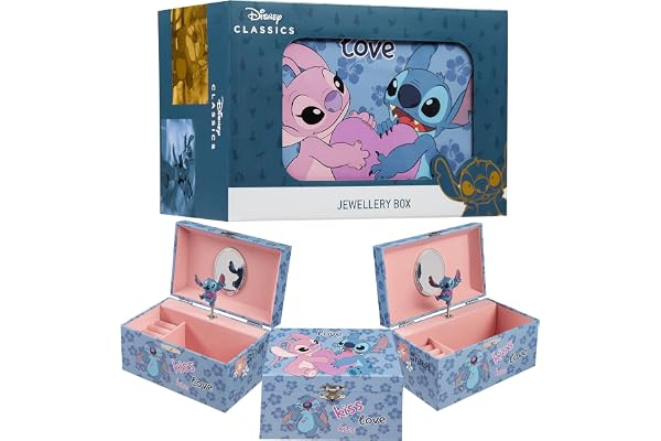 Disney Stitch Boîte à Bijoux Musicale pour Fille, Boite Souvenir à Remontoir Personnage Tournant, Rangement Bague, Déco Chambre, Cadeau Fille ou Ado (Bleu Stitch)