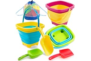 Sloosh 3 składane wiadra z 3 łopatkami, wiadro na piasek, wodę, piaskownica, lato, impreza, składane, silikonowe, składane, dla dzieci, zabawka na plażę, 2,4 l