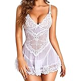 RSLOVE Lingerie per Donna Babydoll in Pizzo Camicia da Notte Sexy in Maglia Chemise con Scollo a V Abito da Notte