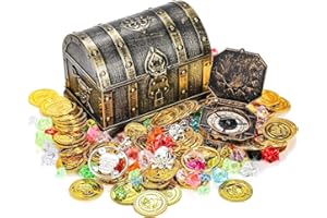 Lawei 207 Pieces Kids Pirate Treasure Chest Toy Box Antique Color with 100 Colorful Gems 100 Plastic Gold Coins 4 Earrings 2 Rings 1 Compass for Boy Girl Halloween Pirate Themed Party Favors