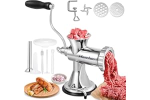 ‎HANCHEN Hanchen Edelstahl Manueller Fleischwolf mit Saugfuß inkl.1 Wurstfüller Aufsatz & 2 Lochscheiben, Spülmaschinenfest Fleischmühle Wurstfüllgerät Gemüseschredder 8s