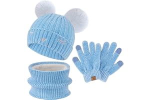 BEQUEMER LADEN Bambino Bambina Invernale Termico Cappello Berretto Beanie con Pompom Sciarpa Scaldacollo in Maglia Guanti Touch Screen Set per 3-10 Anni Bambini