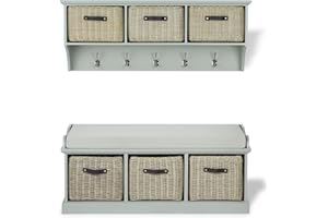 TETBURY FURNITURE Tetbury sage green hanging shelf and bench with cushion and storage baskets. Quality hallway furniture