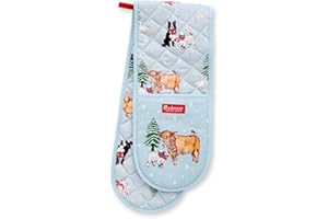 Cooksmart Double Oven Gloves | Modern Heat Resistant Oven Mitt & Potholder for Home Cooking - Christmas on the Farm, White