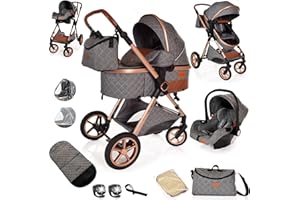 LIBREBON Baby Pram Pushchair Baby Buggy Stroller 3 in 1 Child Lightweight Folding Stroller 3 in 1 Travel System for Newborns & Toddlers 0-36 Months from Birth (Grey)