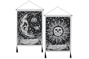 Weldomcor Juego de 2 Tapices de Pared con Borlas, Tapices de Luna y Sol con Borlas Tarot Banner Tapiz Cráneo Para Colgar Decoración de Pared Para Dormitorio Salón, 39 x 50 cm