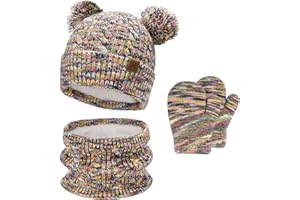 Bequemer Laden Bebe Niños invierno Gorro Termicos Pompon Bufanda Guantes Conjunto Manoplas con Forro Polar para 0-8 Años Regalo para Niñas Niños