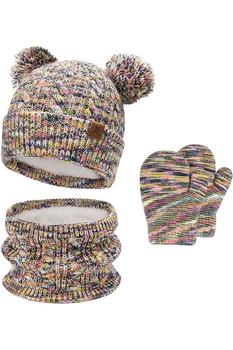 Ensemble Bonnet D'hiver Enfant Avec Gants Et Cache-cou - Bonnet Tricoté à Pompon, Doublure Polaire, Taille Réglable Pour Fille Ou Garçon