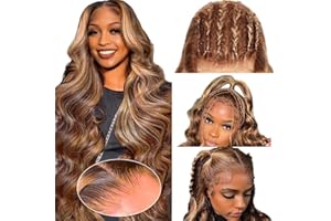 OXEYEGIRL 26 Pouces 13x4 Lace Wig Perruque Cheveux Humain Ombre 4/27 Highlight Couleur Lace Front Perruque Body Wave Human Hair Wig 180% Densité Perruque Femme Naturelle Brésilien
