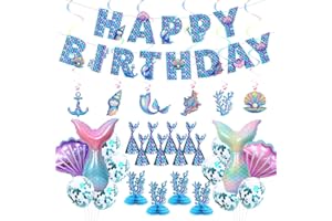 TEDOLATE Meerjungfrau Geburtstag Deko, Meerjungfrauen Deko Kindergeburtstag, Meerjungfrau Partyzubehör Set mit Happy Birthday Banner, Luftballons Foto-Requisite, Hängende Wirbel-Dekore usw. (Blau)