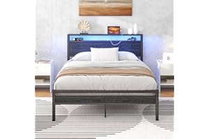 HOJINLINERO Double Bed Frame with Storage Shelf & LED lights,4ft6 Metal Bed Frame Double Bed with Charging Station,Mattress Base/Underbed Storage,Heavy Duty Strong Slats Support,Black Bed 135x190cm