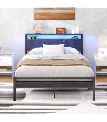 HOJINLINERO Einzelbett Mit LED-Lichtern & Ladestation – Metall-Bettgestell Mit Stauraum, 90x190 Cm, Schwarz
