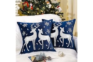 Lewondr Christmas Soft Velvet Throw Pillow Cover, 2 Pack White Deer Snowflake Embroidery Decorative Throw Pillow Case Luxurious Sofa Cushion Cover for Home Christmas Decoration 18"x18"(45x45cm)