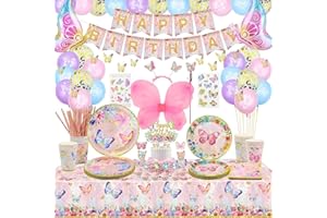XJLANTTE 175 PCS Butterfly Party Decorations - Butterfly Balloons, Banner, Cake Topper, Fairy Wing, Tattoo, Stickers, Plates, Napkins, Cups, and Tablecloth for Girl Women Birthday Supplies, Serves 20 Guest