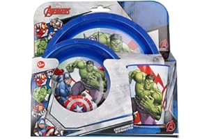 GOLD1 Favourite Hero Cartoon Character 3pc Breakfast Set Inc Plate, Tumbler, Bowl, re-usable Plastic (Avengers)