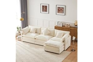 Wyibwy Sofá de 3 plazas, moderno sofá de esquina con reposapiés, con esquina en L, muebles tapizados, tejido de chenilla, apto para salón y dormitorio, 283 x 147 x 84 cm, beige