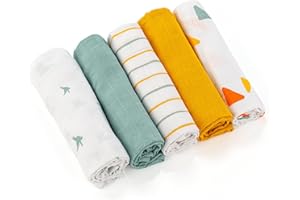 LaLoona - Langes Coton Bébé 70x70 cm (Lot de 5 Pièces) - Lange Lavable Bebe Doux en Mousseline, Multi-Usage, Testé OekoTex en 100% Coton - Jaune Vert