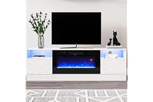 Warmiehomy Electric Fire Insert TV Stand, 78" TV Unit with Fireplace Built in, 12 Colors Moon Light & 12 Flame Effect Support, 36" Fireplace, Remote Control & Overheat Protection, White