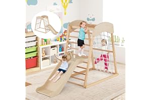 GOPLUS 4 en 1 Triangle d’Escalade Montessori, Triangle Escalade avec Toboggan et Filet d’Escalade Aire de Jeux Montesorri, Charge 50KG pour Enfants 1 an+ (Naturel)