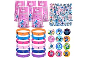 CLVSYH Stitch Regalos para Fiestas, 12 Pcs Pulseras de Silicona + 12 Pcs Chapas Infantil + 50 Pcs Pegatinas de Stitch + 20Pcs Bolsas de Regalo Stitch, Relleno para Fiestas Infantiles