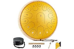 MeloBeat Steel Tongue Drum Handpan - Tamburo in Acciaio 13 Pollici 15 Note - Set Professionale di Tamburi a Lingua in D Maggiore Incluso Libro delle Canzoni per Tamburo a Lingua con Custodia (Oro)