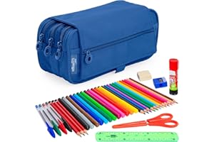 PracticDomus ColePack - Estuche Escolar 3 Compartimentos, Portatodo Triple con Material de Primeras Marcas Incluido (Eco Azul O.)