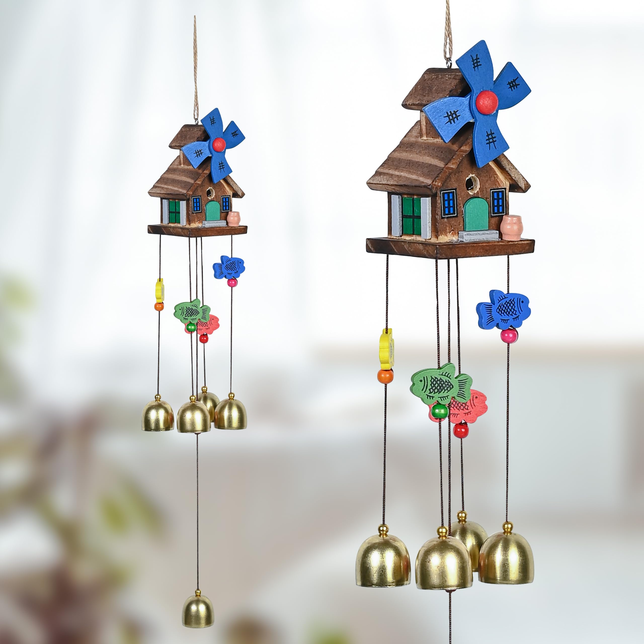 Wooden House Wind Chimes for Home Décor | 5 Brass Bells Wind Chimes for Positive Energy | Outdoor Window Balcony Garden Decor