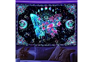 Alishomtll Czarne światło, motyle, dywan ścienny, reagujące na promieniowanie UV, kwiaty, chusta na ścianę, fazy księżyca, ćma, makata, hipisowski, dywan ścienny, do sypialni, salonu, 210 x 150 cm