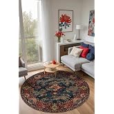 Kinevart Vintage Desenli Ş&ouml;nil Pamuk Tabanlı Yıkanabilir Kaymaz Antibakteriyel Yuvarlak Salon Halısı 140x140