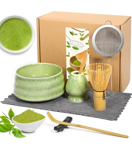 Set Matcha Tradizionale 4 Pezzi – Frusta In Bambù 100 Punte, Supporto In Ceramica, Chashaku E Borsa In Lino
