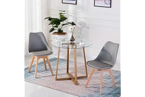 H.J WeDoo Tavolo da Pranzo Rotondo con 2 Sedie, Design Moderno e Robusto, Vetro Temperato e Gambe in Metallo con Finitura Rovere, Grigio
