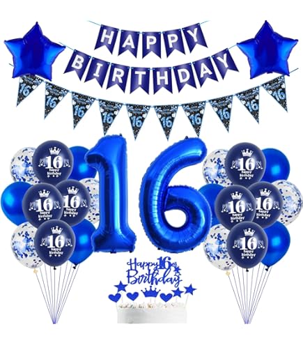 Fangleland 16e verjaardag decoraties voor jongen of meisje marineblauw zilver, Happy Sweet Sixteen verjaardag banner en taarttopper voor 16 jaar oude verjaardagsfeestbenodigdheden met nummer 16 Fangleland 16e verjaardag decoraties voor jongen of meisje marineblauw zilver, Happy Sweet Sixteen verjaardag banner en taarttopper voor 16 jaar oude verjaardagsfeestbenodigdheden met nummer 16