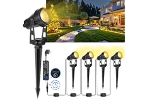 LAMPELIP Spot Led Extérieur, 4 Pièces/14M Spot Exterieur avec Fonction Minuterie et Capteur de Lumière, 3000K Blanc 12V IP65 Étanche Éclairage de Jardin avec Stake pour Allées, Terrasses, Arbres