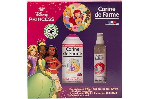 Corine de Farme - Coffret Princesses : Eau Parfumée 150ml Coco + Gel Douche 2en1 300ml Fraise + Serviette Microfibre Enfant 3+ Ans - Ingrédients Naturels - Peaux Sensibles