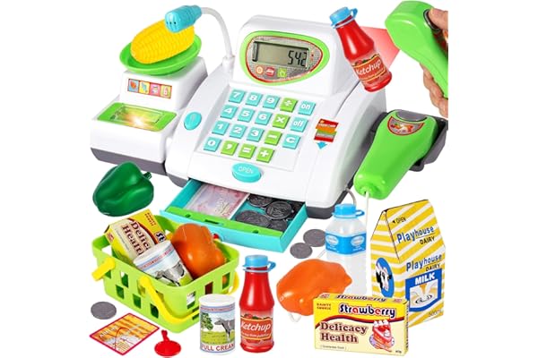 HERSITY Grand Caisse Enregistreuse Jouet avec 30 Accessoires, Son et Lumière Scanner, Longueur: 31 cm, Jouet Supermarché Marchande pour Enfant 3+ Ans