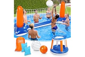 Jojoin Inflatable Volleyball Set, 115” Inflatable Pool Float Set Include Basketball Hoop Set & Balls Floating Swimming Pool Toy Pool Volleyball Game for Kids and Adults (115” x 38” x 28”)