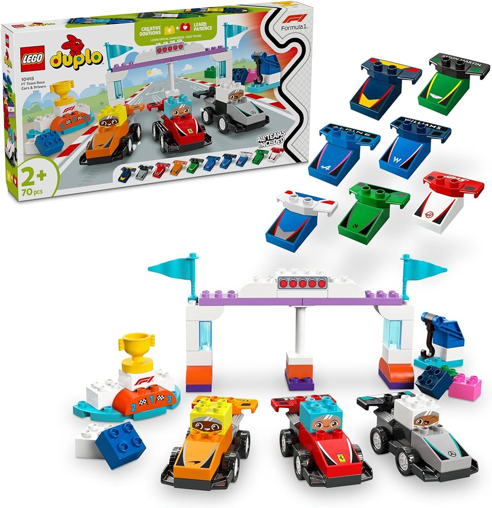 LEGO DUPLO Town F1 Takımı Yarış Arabaları ve Sürücüler 10445-2 Yaş ve Üzeri Çocuklar İçin Eğitici ve Yaratıcı Oyuncak Yapım Seti (70 Parça)