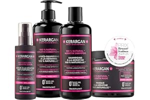 Kerargan - Ensemble Ultra Réparateur Shampoing, Après-shampoing, Masque & Sérum à la Kératine pour Cheveux Abîmés et Stressés - Revitalise & Protège - Sans Sulfate, OGM, Silicone - 3x500 ml + 100 ml