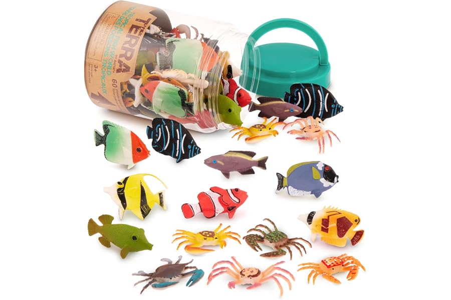 Terra by Battat – 60pcs Tropical Fish & Crab Toys – Mini Plastic Ocean Animal Figurines for Kids – Realistic Sea Creatures in Tube – Sensory Educational Playset for Toddlers Ages 3+