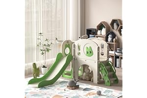 LEFLUFFY 8-In-1 Toddler Slide and Climber Playset, Kids Slide Playground with Stairs, Tunnel, Telescope, Storage, Basketball Hoop and Ball, Indoor Outdoor,Gift for Boys Girls Age 1-8 (Green and white rabbit)