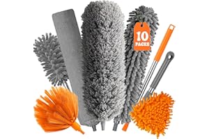 GIBOHOM 10 Stück Staubwedel Teleskop, Waschbar Staubwedel Lang Ausziehbar bis 255 cm, Spinnenwebenentferner mit Teleskopstiel und Haken, Staubwischer Mikrofaser für Lücken, Decken, Spinnweben