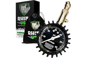 Robuster Reifendruckprüfer von Rhino USA (0-60 PSI) - ANSI B40.1 geeicht – Große 5 cm Leuchtskala – 360˚ Drehbarer Wirbel - Solide Messingbeschläge - Luftdruckprüfer für Jedes Fahrzeug
