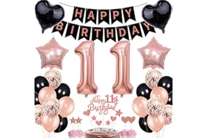 CNROSE Decoration 11th Birthday Girl Rose Gold Black Set - Cake Decoration for Boy with Banner, Gift, 11th Balloons, Balloons - Number 11 Birthday Decoration