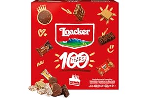 ‎LOACKER Loacker "Best of Moments" 100 Jahre Jubiläumsedition Mischung (400g) • Mix aus Mini-Waffeln & Schokoladenspezialitäten mit Haselnuss, Vanille, Kokos • Schokoladenmischung • Partybox oder zum Naschen