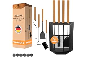 BLACK OAK Kaminbesteck DAVOS 5-teilig - edles & dekoratives Ofenbesteck Set schwarz mit Holzgriff 5 teilig Ständer + Kaminzange Schürhaken Ascheschaufel Kaminbesen Stahl Kaminzubehör Besteck für Ofen