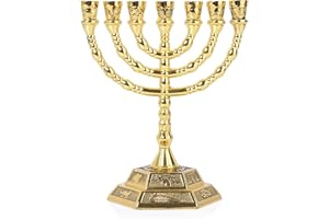 BRTAGG Menorah Candeliere ebraico, 12 tribù d'Israele, 7 rami, altezza 20 cm, oro