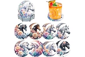 Lxmsja 8 Pcs Dessous de Verre Diamond Painting Cheval, sous Verre Diamond Painting, Diamant Peinture Dessous de Verre avec Support, pour Tasses, Verres à Vin, Vases et Cuisine Domestique