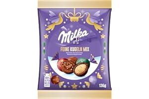 ‎MILKA Milka Feine Kugeln Mix – Mischung aus Alpenmilch-, Noisette-, Nougat-Crème- und Weißer Schokolade – einzeln verpackt – 136g